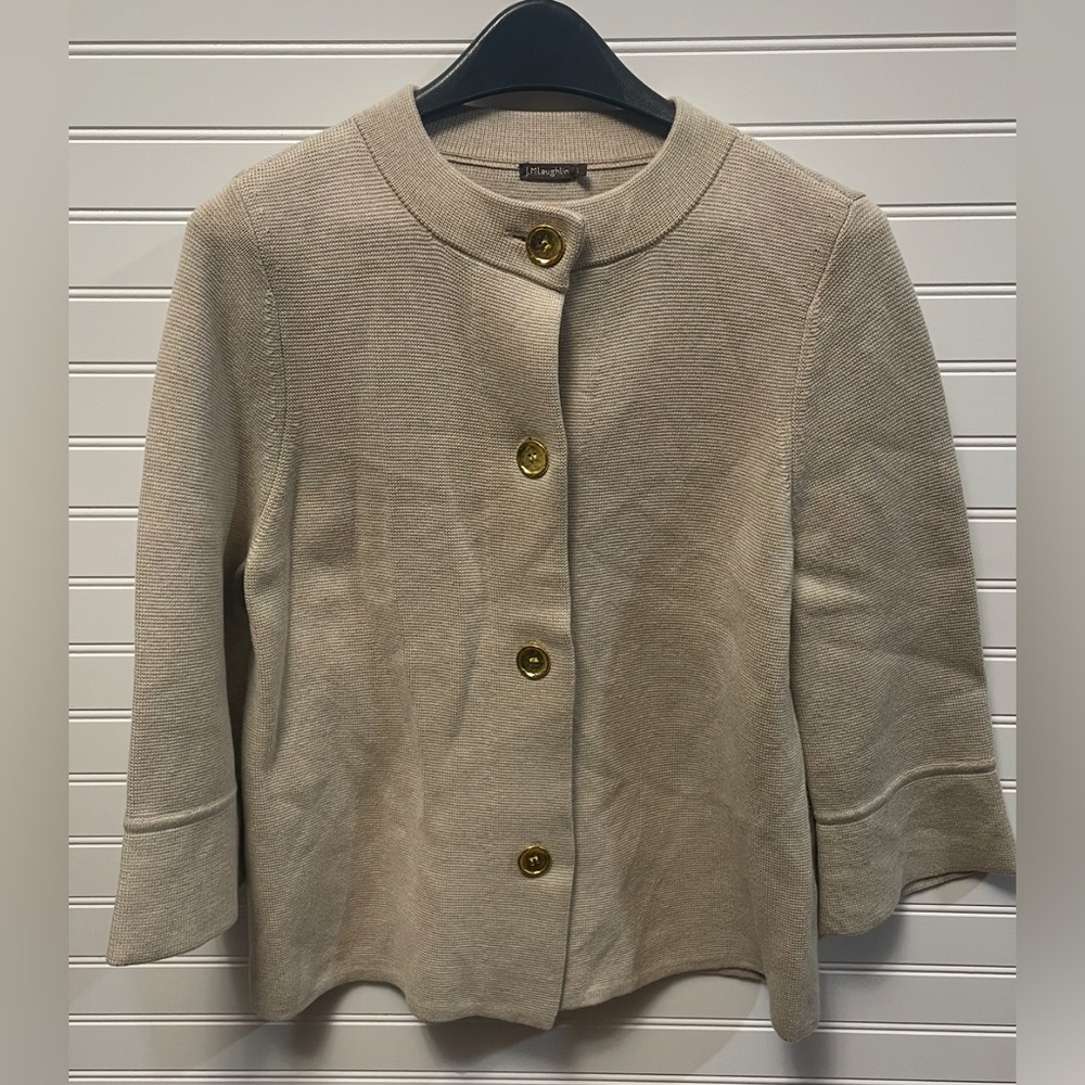 J. McLaughlin Knit Sweater Cardigan Size L Coastal Grandma Preppy Classic Tan